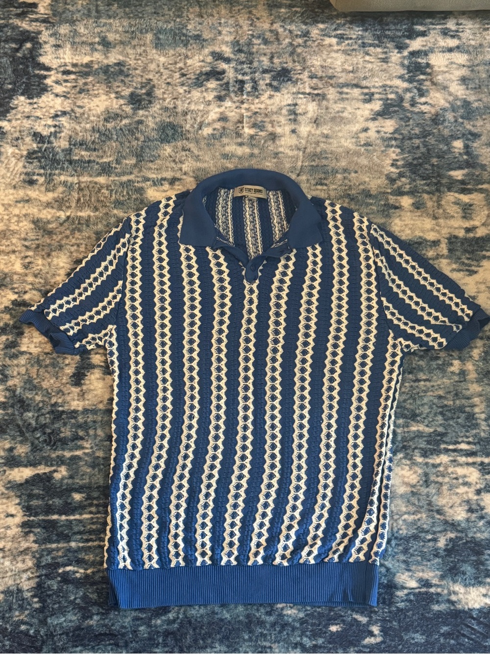 Stacey Adams Blue and White Textured Knit Polo - Vintage-Inspired Casual